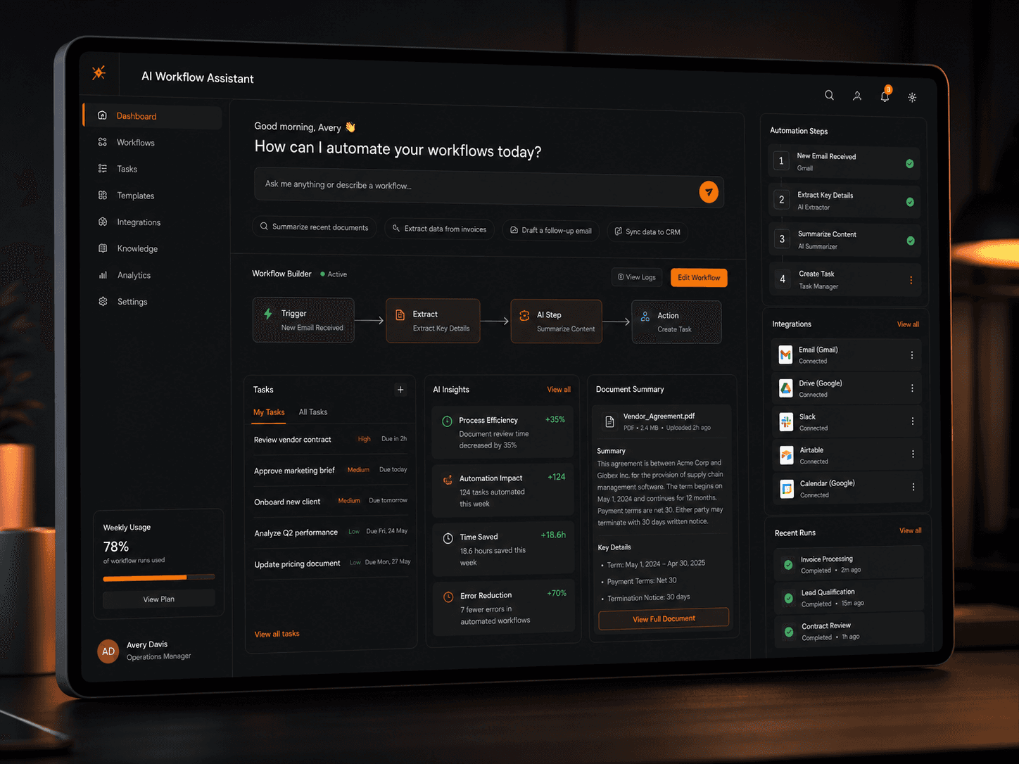 AI workflow assistant dashboard project preview